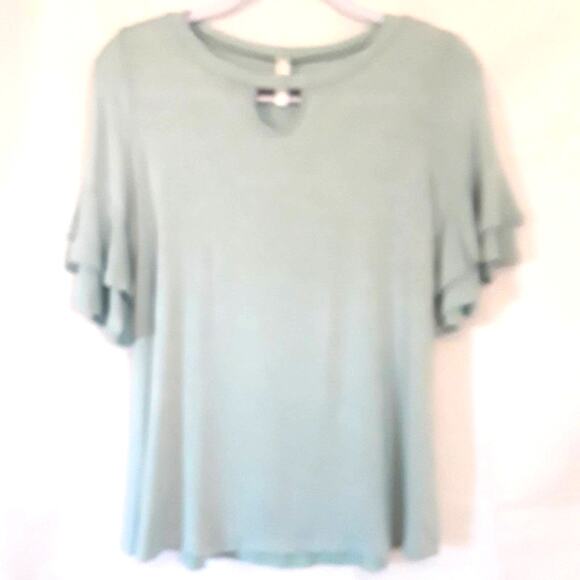 Emerald Tops - Womens Sz S Green Fairy Keyhole Neckline Ruffle Sleeve Emerald Top